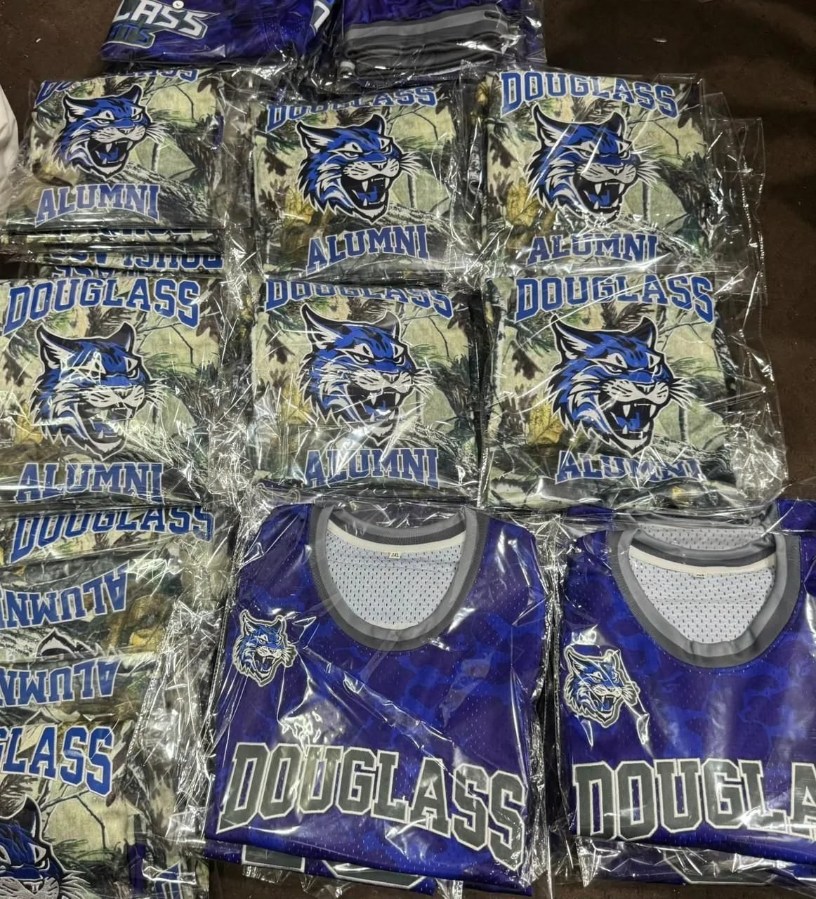 Jerseys from a bulk order bagged and ready for dispatch
